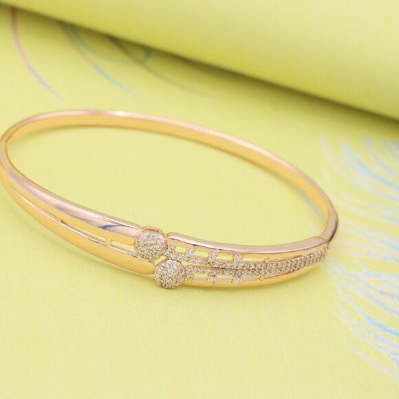 Rose Gold Bangle with Dual Crystal Circles & Geometric Design, XPBL0487 - Picture 3 of 11